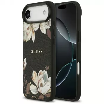 Guess Grained Flowers Classic Logo MagSafe Case Apple iPhone Air - Melns