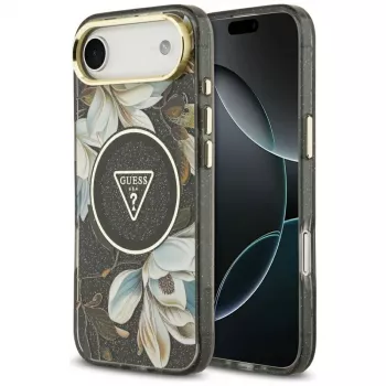 Guess IML Glitter Flowers Triangle MagSafe vāciņš iPhone Air — melns
