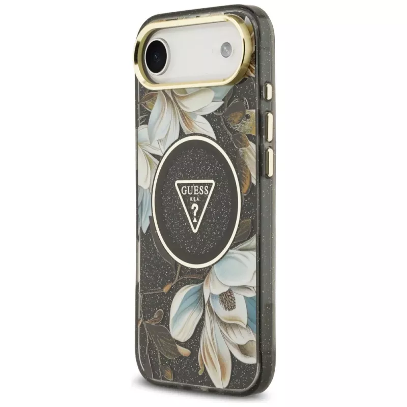 Guess IML Glitter Flowers Triangle MagSafe vāciņš iPhone Air — melns
