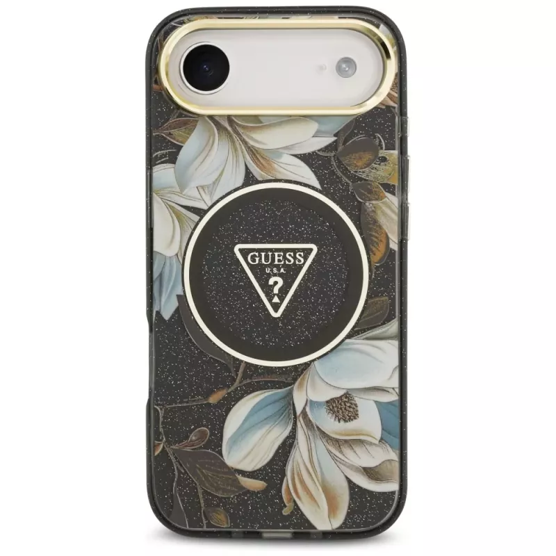Guess IML Glitter Flowers Triangle MagSafe vāciņš iPhone Air — melns