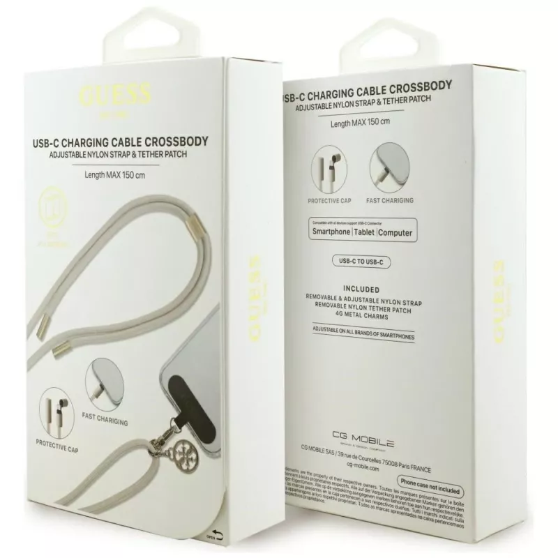 Guess Crossbody Strap 4G Charm - Universal Phone Strap / USB-C to USB-C Cable 1,5m (Beige)