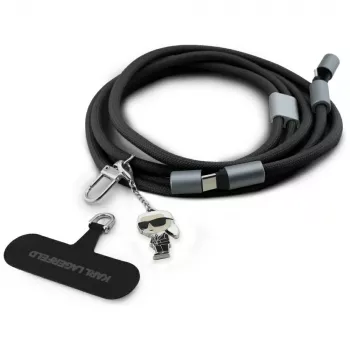 Karl Lagerfeld Ikonik Charm USB-C to USB-C kabelis ar lanyard, 1,2m, Melns