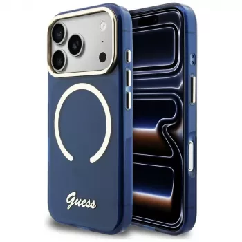 Guess IML Script Metal MagSafe vāciņš iPhone 17 Pro Max, zils