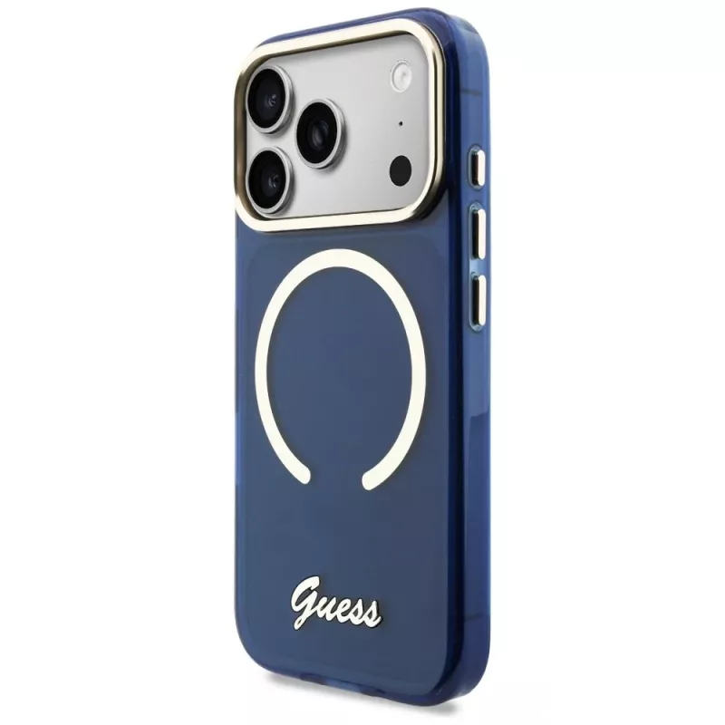 Guess IML Script Metal MagSafe vāciņš iPhone 17 Pro Max, zils