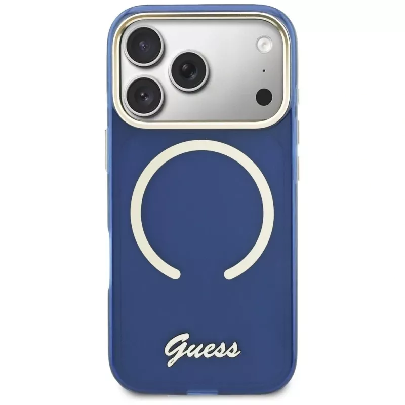 Guess IML Script Metal MagSafe vāciņš iPhone 17 Pro Max, zils