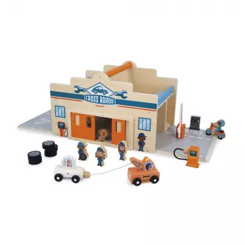Janod Wooden Opening Garage with Figures Cross Roads 2+