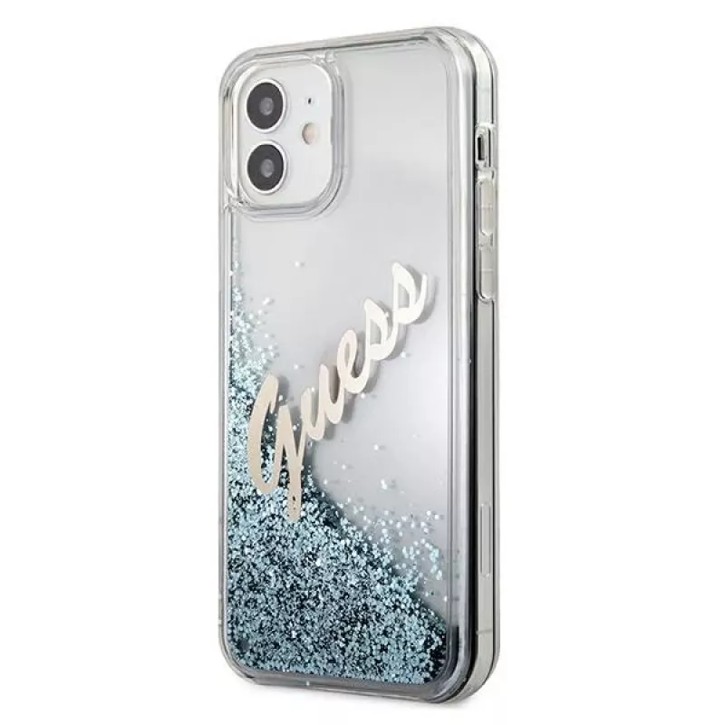 Guess Glitter Vintage Script Cietais Vāciņš Apple iPhone 12 mini - Zils