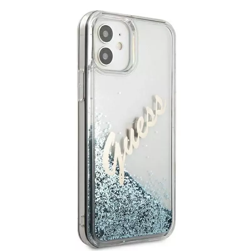 Guess Glitter Vintage Script Cietais Vāciņš Apple iPhone 12 mini - Zils