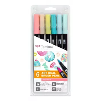 Tombow ABT-6P-4 Dual Brush Pen Set - 6 Pildspalvas ar Smalku un Otas Uzgali - Daudzkrāsainas - Apaļas