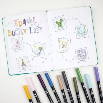Tombow ABT-6P-4 Dual Brush Pen Set - 6 Pildspalvas ar Smalku un Otas Uzgali - Daudzkrāsainas - Apaļas