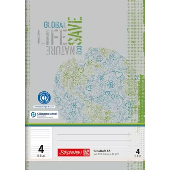 BRUNNEN Schulheft Recycling A4 Lineatur 4 Liniert Ohne Rand 16 Sheets 32 Pages 70 g/m² 100% Recycled Paper Blue Angel