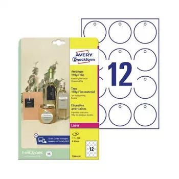 Avery Zweckform T3004-10 Nelīmējošas apaļas etiķetes, poliestera, baltas, 60 mm, 120 etiķetes