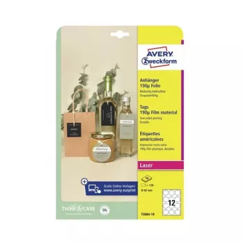 Avery Zweckform T3004-10 Nelīmējošas apaļas etiķetes, poliestera, baltas, 60 mm, 120 etiķetes