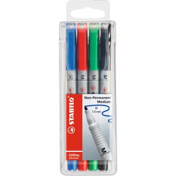STABILO OHPen marķieru komplekts - 4 gab. - Melns, Zils, Zaļš, Sarkans - Apaļš - Vidējs - 1 mm - Ūdens bāzes tinte
