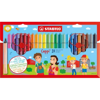 STABILO Cappi Felt Tip Pens - 24 Assorted Colours - Round Tip 1 mm - Washable Ink