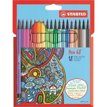 STABILO Pen 68 - Fine - 18 Colors - Assorted - Round Tip - 1 mm - Assorted