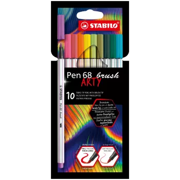 STABILO Pen 68 Brush ARTY Edition Brush Pen Set - 10 Assorted Colors in Cardboard Case