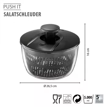 GEFU PUSH IT Salad Spinner, Transparent/White/Grey, 24 cm, Push-Button Pump Action, Dishwasher Safe