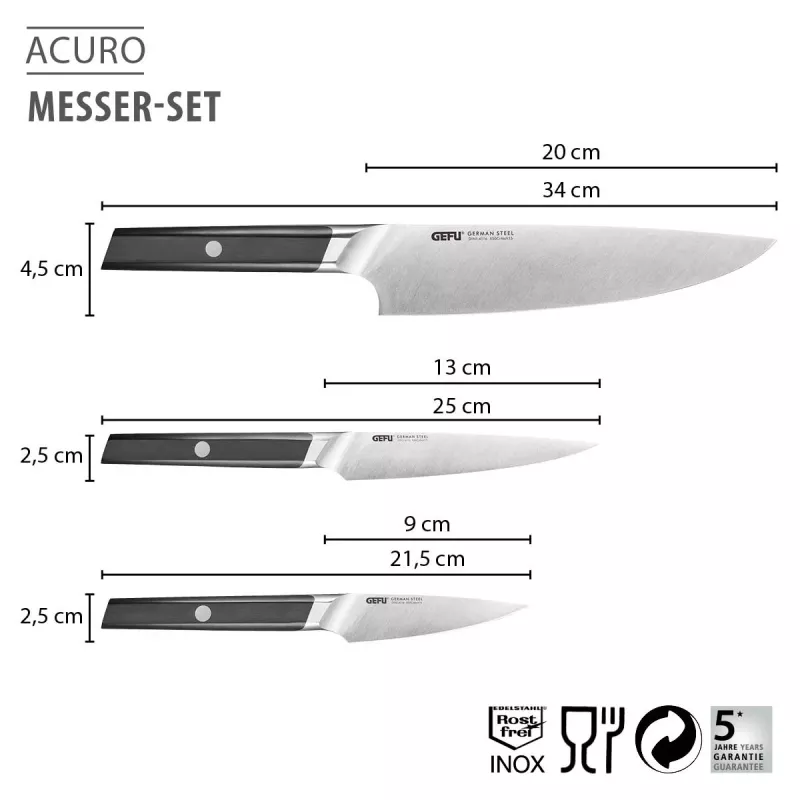 GEFU ACURO 3-Piece Knife Set - Chef's, Utility and Paring Knife