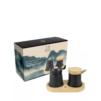 Peugeot Bali Fonte čuguna sāls un piparu dzirnaviņu komplekts ar koka paplāti, 8 cm, melns