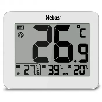 MEBUS 1074 Digitālais termometrs ar iekštelpu un āra temperatūru, LCD displejs, sienas montāžai, balts