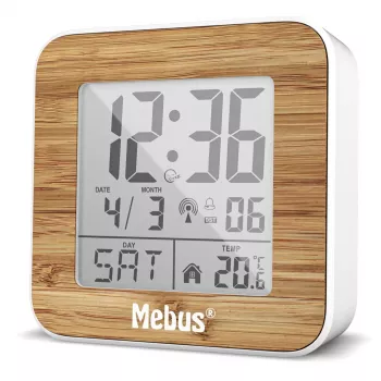 Mebus 27247 radio kontrolēts digitālais modinātājpulkstenis, balts/koka imitācija