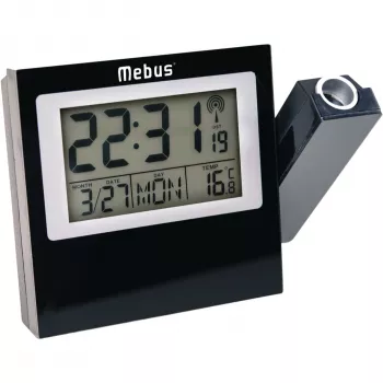 MEBUS 42424 Projection Radio Controlled Alarm Clock with DCF77, Red LED Projection, LCD Display, Dual Alarm, Indoor Temperature, Blue Backlight, Black
