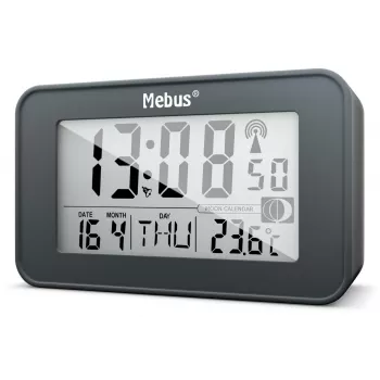 Mebus 51460 Digitālais radio modinātājpulkstenis ar DCF77 radiosinhronizāciju, LED displeju, diviem modinātājiem, atlikšanas funkciju, iekštelpu temperatūru, melns