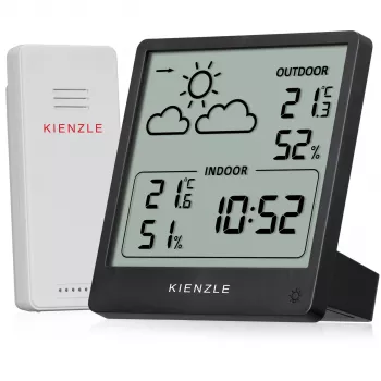 KIENZLE Weather Station Slim (15002) ar bezvadu āra sensoru, LCD displeju, laika prognozi, mēness fāzi un modinātāju