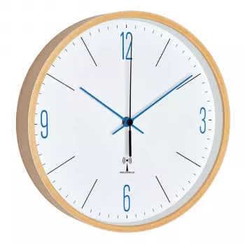 TFA 60.3524.06 Analogue Radio Controlled Wall Clock with Maple Frame, Blue