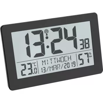 TFA Dostmann 60.2557.01 Radiovadāms pulkstenis ar telpas klimatu, liels displejs, melns