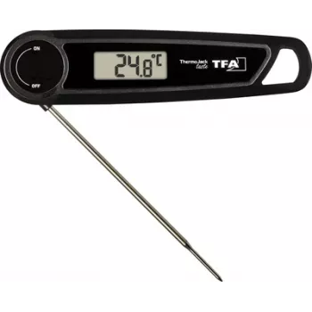 TFA THERMO JACK TASTE digitālais virtuves termometrs ar taimeri un signālu, nerūsējošā tērauda zonde, 160 mm, -50 līdz +300 °C, LCD displejs, melns/balts
