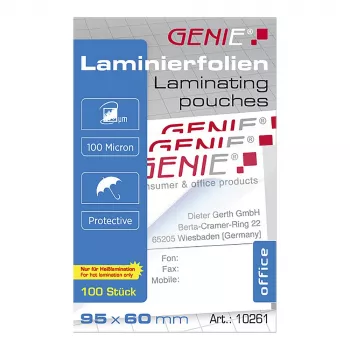 Genie 10261 Laminācijas plēves caurspīdīgas 95x60mm 100 iepakojumā