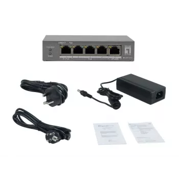LevelOne GEP-0531 Nepārvaldāms PoE+ slēdzis, 3x GE PoE+ (30W) + 1x Hi-PoE (60W), 60W budžets, plastmasas galddatora korpuss