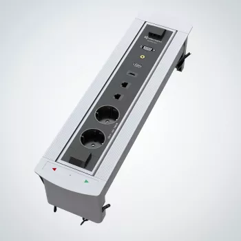 Kindermann CablePort Turn Tabletop Flush Mount ar 2 Schuko kontaktligzdām, 2 RJ45 CAT6, 2 HDMI, 1 USB-A 3.0, 360° rotācija, Sudrabs/Melns