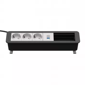 Kindermann CP Office Desk Power & Connectivity Unit, 6 Slots, 3x Schuko Outlets, 1x USB-C PD 60W, 3m Cable, Silver
