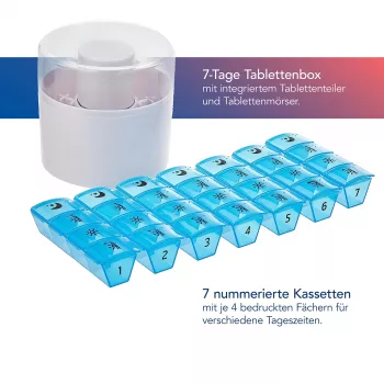 First Aid Only Pill Box ar Tablešu Dalītāju Zils Balts