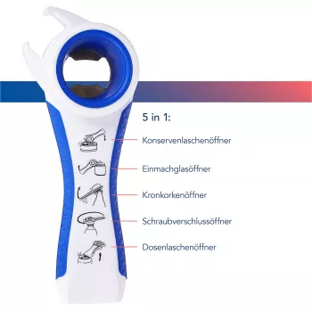 First Aid Only 5-in-1 Multi-Opener pudelēm un bundžām, balts/zils, samazina piepūli