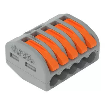 WAGO 222-415 5-dzīslu sviras spailes bloks, 32 A, 400 V, pelēks/oranžs