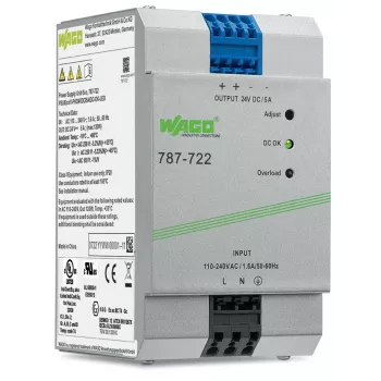 WAGO 787-722 Barošanas bloks, 120 W, 24 V DC, 5 A, DIN sliede, aktīvais PFC