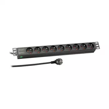 EFB Elektronik EK631FR.1 19 inch 1U Rack-Mount Strāvas sadalītājs, 9x French/UTE kontaktligzdas, CEE 7/7 spraudnis, 1,8m kabelis, 16A, 230V, Melns