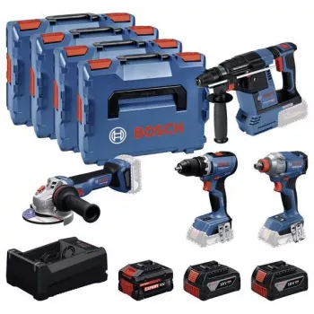 BOSCH POWERTOOLS Combo Kit 18V bezvadu urbjmašīna, triecienskrūvgriezis, rotācijas āmurs, leņķa slīpmašīna (4 instrumentu komplekts)