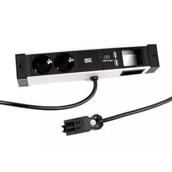 Bachmann DESK Rail Strāvas sloksne ar 2 Schuko kontaktligzdām un 2 USB uzlādes portiem, 2m kabelis, sudrabs/melns
