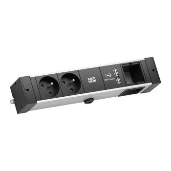 Bachmann Desk Rail - 2 m - Indoor - Type E - Aluminium - Plastic - Black - Silver - 2 AC Outlets
