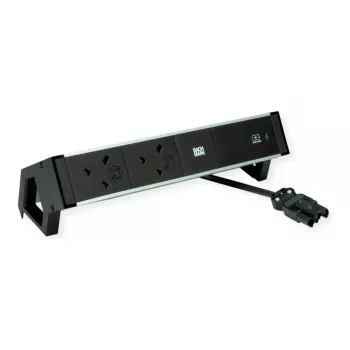 Bachmann Desk 2 Alu Desk Power Strip - 2x UK Type G Outlets - 2m Cable - Black