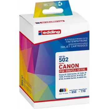 Edding EDD-502 saderīgo tintes kasetņu komplekts Melna, Foto melna, Ciāna, Magenta, Dzeltena (5 iepakojums) Aizstāj Canon PGI-550XL/CLI-551XL