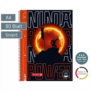 BRUNNEN College Block Ninja Power Lineatur 27 Lined DIN A4 Inner Margin, 80 Sheets, Spiral Bound, 4-Hole Punched, Perforated, 70 gsm, White