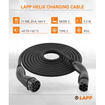 LAPP MOBILITY HELIX Type 2 pašsavienošanās uzlādes kabelis elektromobilim 11 kW 5m Melns
