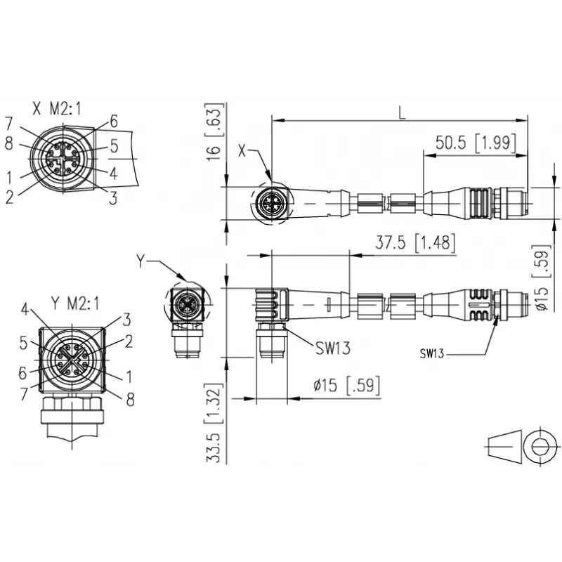 METZ CONNECT M12 savienojuma kabelis 2 m, 8 kontaktu, X-kodēts, 142M2X19020
