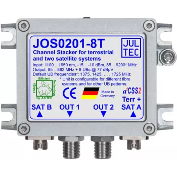 JULTEC JOS0201-8T Unicable II / JESS vienkabeļa pārveidotājs ar 2x optisko satelīta un 1x optisko zemes apraides ieeju, 8x F tipa izejām, FC/PC savienotājiem